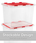 Six Pack Heavy Duty Red Storage Bins With Secure Hinged Lids For Hassle Free Stackable Home Organization And Built Different Clutter Control Solutions Bpa Free Large Capacity Containers, clear plastic bins stacked.