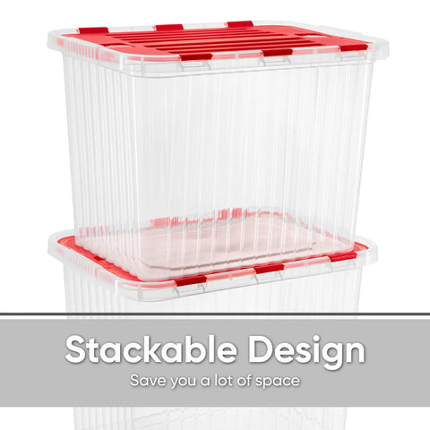 Six Pack Heavy Duty Red Storage Bins With Secure Hinged Lids For Hassle Free Stackable Home Organization And Built Different Clutter Control Solutions Bpa Free Large Capacity Containers, clear plastic bins stacked.