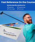 Golfer swinging club with Golf Reference Cards For On Course Mastery Cheat Sheet For 33 Of Golf Hardest Shots in foreground