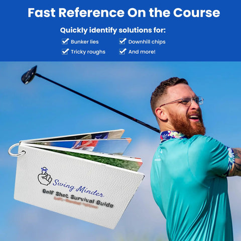 Golfer swinging club with Golf Reference Cards For On Course Mastery Cheat Sheet For 33 Of Golf Hardest Shots in foreground