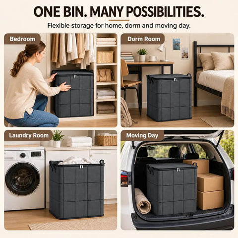 Heavy Duty Moving Storage Bins That Make Dealing With Clutter A Snap Featuring Sturdy Handles in various rooms for organization.