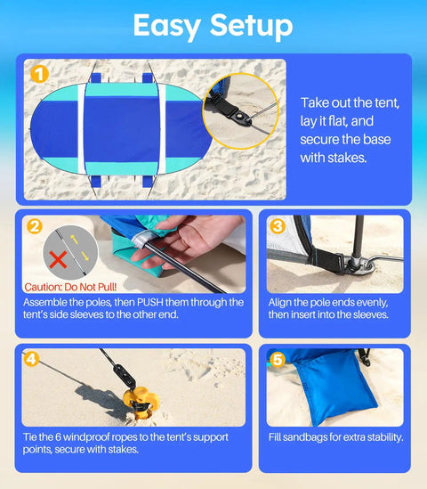 Step-by-step setup guide for Beach Tent With Double Zippered Doors And Breathable Mesh For Two To Three People featuring stakes and poles.