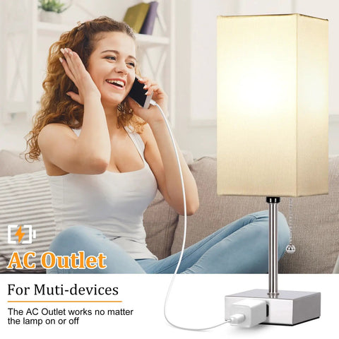 Touch Control Bedside Lamp With Dope 3 Way Dimmable Lighting USB Ports And AC Outlet Modern Nightstand Lamp White Fabric Shade