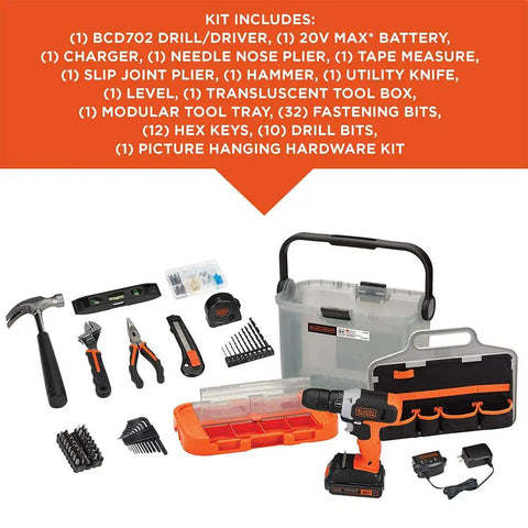 20V Max Cordless Drill With 64-Piece Home Toolkit In A Translucent Portable Toolbox, drill, attachments, translucent toolbox