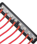 Hella Heavy Duty Copper Bus Bar Providing 600 Amp Juice For Rock Solid 8 Way Distribution Block Grounding And Smooth Auto Battery Wiring In Classic Red And Black from a top view showing M10 studs and red wiring.