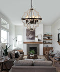 Farmhouse Rustic Chandelier With ORB Finish And Oak Tone, 6 Light Vintage Antique Pendant Light Fixture in modern living room