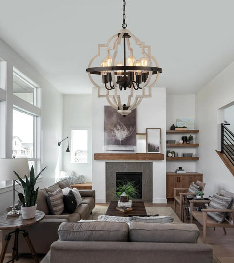 Farmhouse Rustic Chandelier With ORB Finish And Oak Tone, 6 Light Vintage Antique Pendant Light Fixture in modern living room