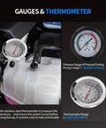 Heavy Duty 18 Piece Radiator Pressure Tester Kit For Coolant System Leak Detection With Pump Gauge Adapter Set Thermometer showing gauges and thermometer for diagnostics.