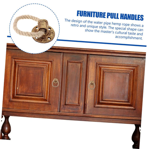 Rustic Rope Drawer Knob Pull Handle Made From Solid Metal Cabinet Door Pull Ring Dope Retro Vibe Hardware shown on wooden cabinet