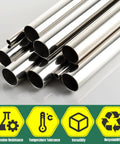 Stainless steel round tubing set with assorted diameters and a polished finish on white background