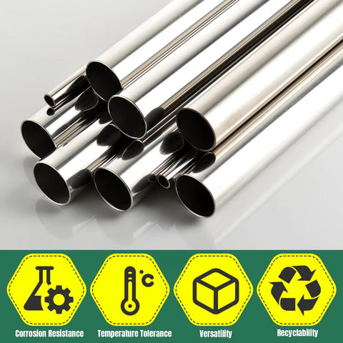 Stainless steel round tubing set with assorted diameters and a polished finish on white background