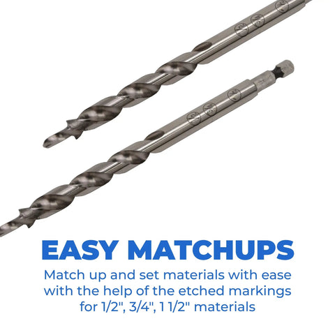 Pro Grade Pocket Hole Drill Bit For Accurate Pocket Hole Joinery With Easy Set Design In High Speed Steel showing etched markings