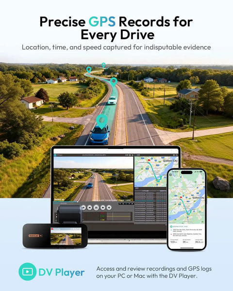 4K Front And Rear Dash Cam With 170 Degree Ultra Wide View showing GPS navigation and recording on devices