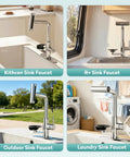 MIAOHUI Chrome Kitchen Faucet with Glass Rinser, 4 Modes showcased in kitchen, RV, outdoor, and laundry settings.