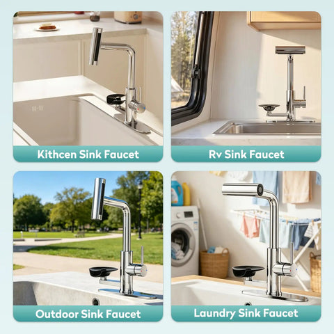 MIAOHUI Chrome Kitchen Faucet with Glass Rinser, 4 Modes showcased in kitchen, RV, outdoor, and laundry settings.