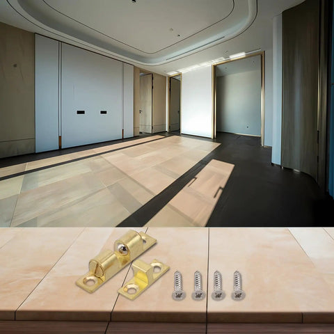 Double Ball Tension Roller Catch Latch For Cabinet Doors in gold tone with screws, displayed on a wooden surface, 60mm