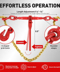 Heavy Duty Ratchet Chain Binder Set 2 Pack With G80 Chains One Quarter To Five Sixteenths Inch Twelve Foot Length Built Tough Secure Load Up To Three Thousand One Hundred Fifty Pounds Tie Down Hauling Chains For Flatbed Trucks And Trailers, showing length adjustment and hooks