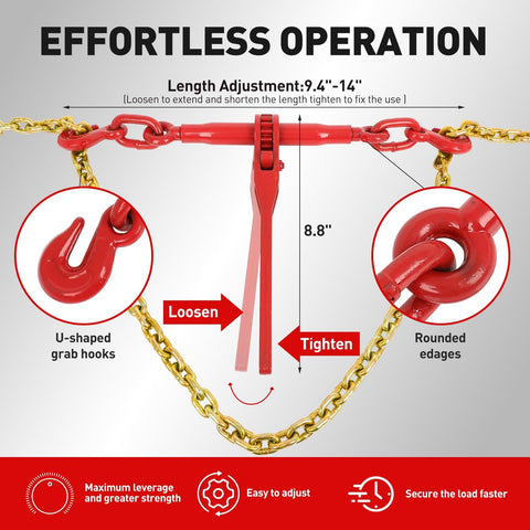 Heavy Duty Ratchet Chain Binder Set 2 Pack With G80 Chains One Quarter To Five Sixteenths Inch Twelve Foot Length Built Tough Secure Load Up To Three Thousand One Hundred Fifty Pounds Tie Down Hauling Chains For Flatbed Trucks And Trailers, showing length adjustment and hooks