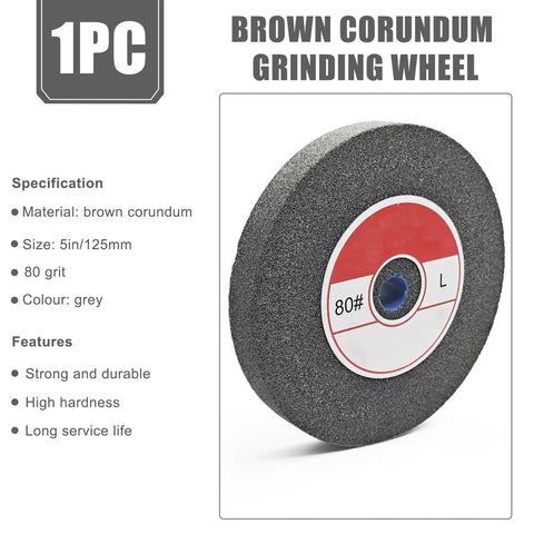 Pro Grade 5 Inch Brown Corundum Deburring Wheel For Bench Grinder 80 Grit Metal Finishing Tool Half Inch Arbor side view gray wheel