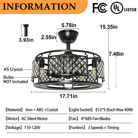 Diagram of Industrial Matte Black 18 Inch Ceiling Fan With Remote And Lights Flush Mount Kitchen Ceiling Fan 3 Speeds And 4 Hour Timer