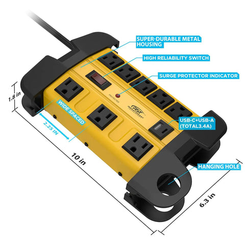 Heavy Duty Surge Protector Power Strip With 8 Outlets And 2 USB Ports, Metal Industrial Housing, 15A Circuit Breaker, 6ft Cord, 1350 Joules