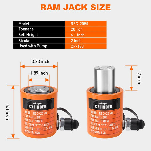 Nilight 20T hydraulic cylinder jack, orange, 2-inch stroke; two views