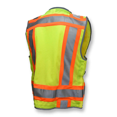 Back view of SV55 Class 2 Heavy Woven Two Tone Engineer Vest With Padded Neck For Extra Weight In Cargo Pockets ANSI ISEA 107 Class 2