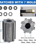 Heavy Duty Manual Hydraulic Hose Crimper Tool With Built Like A Tank Frame and Smooth Operating Pump showing 7 matching molds and dimensions.