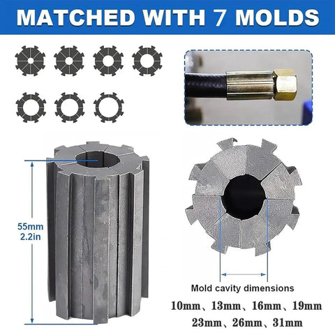Heavy Duty Manual Hydraulic Hose Crimper Tool With Built Like A Tank Frame and Smooth Operating Pump showing 7 matching molds and dimensions.