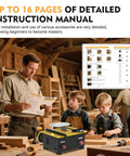 Family working in workshop with Craft Table Saw With Dual 795 Motors And Switches, 200W Power, 12,000 RPM, instruction manual visible.