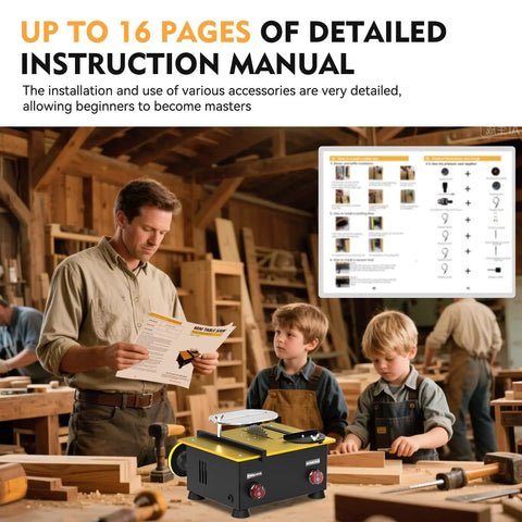 Family working in workshop with Craft Table Saw With Dual 795 Motors And Switches, 200W Power, 12,000 RPM, instruction manual visible.