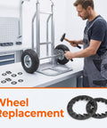 A person using 10 Pack Push-On Dolly Wheel Lock Washers For Five-Eighths Inch Dollies Axles on a handcart in a workshop.