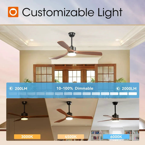 52 Inch Black Ceiling Fan With Lights And Remote, 2 Pack, installed in living room, showcasing dimmable lighting options