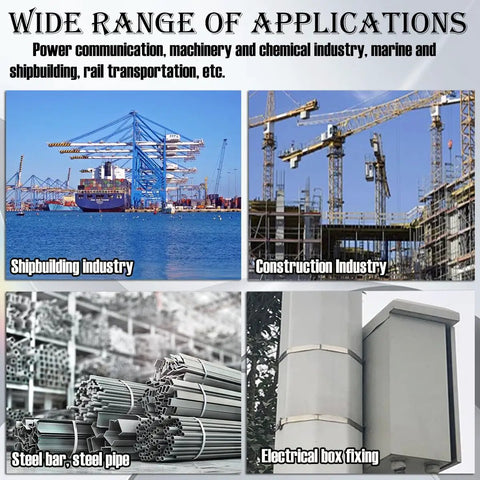 Wide range of applications showing shipbuilding, construction, steel bars, and electrical box fixing for industry use.