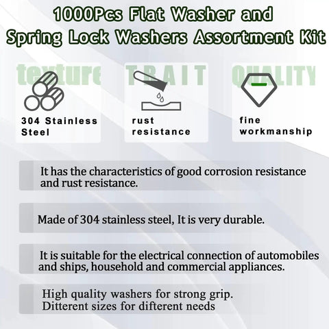 Diagram featuring 1000 Piece Flat Washers And Lock Washers Assortment Kit In 9 Metric Sizes M2 To M12 Made From 304 Stainless Steel details