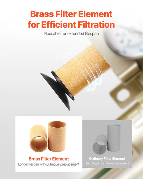 Brass filter element for extending Pro Grade 3/4 Inch NPT Air Compressor Filter Regulator lifespan, shown with comparison to ordinary filter.