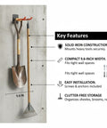 Heavy Duty Iron Tool Rack For Garage Organization, Vertical Wall Mount Storage With Shovel and Rake, Orange Finish