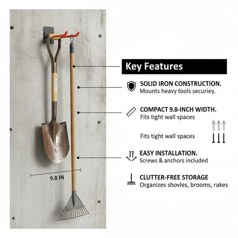 Heavy Duty Iron Tool Rack For Garage Organization, Vertical Wall Mount Storage With Shovel and Rake, Orange Finish