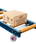 18 Inch Wide Galvanized Steel Light Duty Gravity Conveyor With Polyurethane Rollers and 530 Lbs Capacity with a carton box.