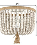 Beige Wood Bead Farmhouse Ceiling Light Three Light Flush Mount Chandelier For Bedroom Entryway Hallway with hand rope knots