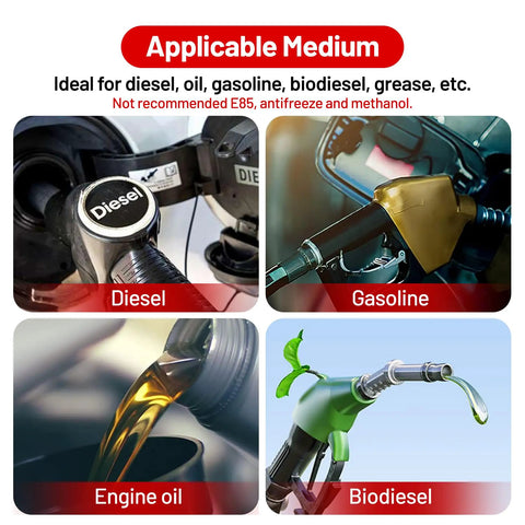 Illustrations showing Diesel, Gasoline, Engine Oil, Biodiesel applications for Beefy Three Eighths Inch Fuel Hose With Push Lock NBR Rubber SAE 30R7 25Ft