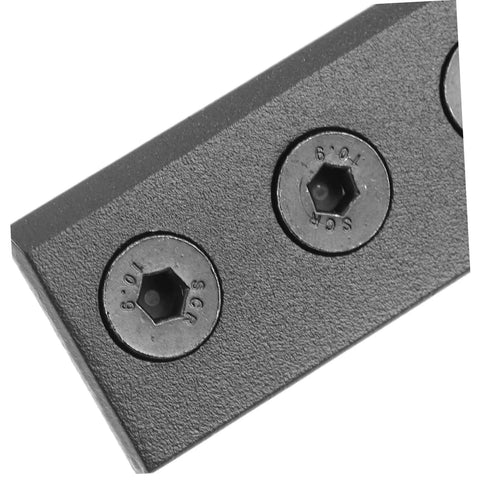 Close-up of black metal track fixing connector from Sliding Barn Door Hardware Connector Kit With Track Connecting Plate For Heavy Duty Metal Construction And Easy Door Alignment Includes Track Fixing Connector For Farmhouse Style Interiors And Modern Barn Doors.