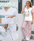 Stethoscope Teeth Print Scrubs Set for Women Pink Pants 2 Piece Nursing Uniform Featuring V Neck Top and Straight Leg Pants Built for Long Shifts and All Day Comfort Size S To 5XL, model standing showing V-neck and pants pockets.