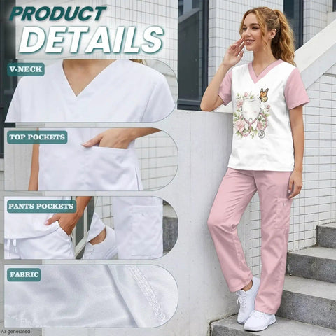 Stethoscope Teeth Print Scrubs Set for Women Pink Pants 2 Piece Nursing Uniform Featuring V Neck Top and Straight Leg Pants Built for Long Shifts and All Day Comfort Size S To 5XL, model standing showing V-neck and pants pockets.