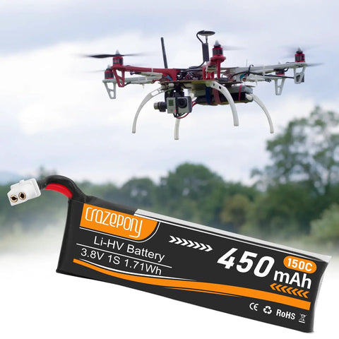 Six Pack 1S FPV Battery 3.8V 450mAh 150C BT2.0 Connector For Tiny Whoop And Brushless Whoop Drones, drone in background