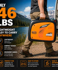 Man carrying 3500W Portable Inverter Generator for Home Backup and RV Camping Ultra Quiet Gas Powered Powerhouse with Eco Mode