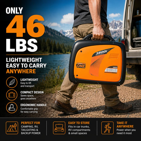 Man carrying 3500W Portable Inverter Generator for Home Backup and RV Camping Ultra Quiet Gas Powered Powerhouse with Eco Mode