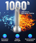 Steel bolt with flame and ice background, highlighting 1000h salt spray testing, corrosion resistance, and strength features.