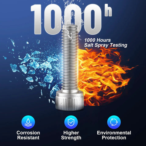 Steel bolt with flame and ice background, highlighting 1000h salt spray testing, corrosion resistance, and strength features.