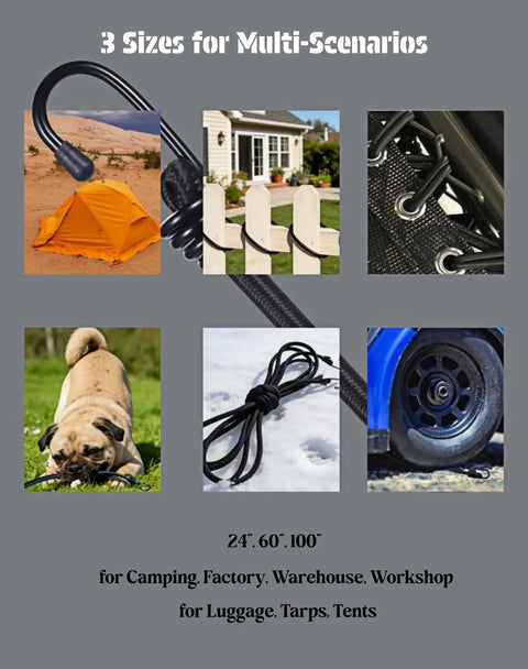 Heavy Duty Bungee Cords With Hooks Four Pack Two Foot Black Elastic Straps for gear hauling in various scenarios.